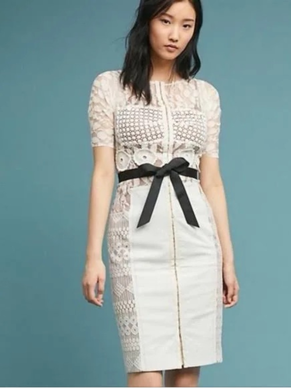 Beguile by Byron Lars Lace Overlay Ivory & Black Belt Women’s midi Dress
